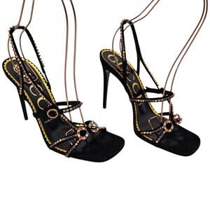 Gucci Carmen Crystal Embellished High Heel Sandal Black Suede Size 39 US 9